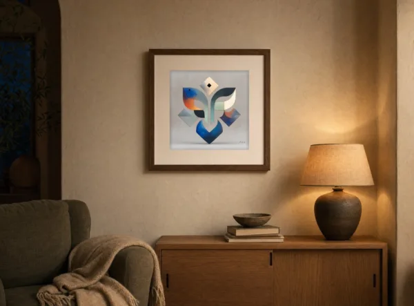 ba-0243-speckled-emblem-print-3-room-evening-walnut-v4 Speckled Emblem by Bassem, art print shown framed on a wall
