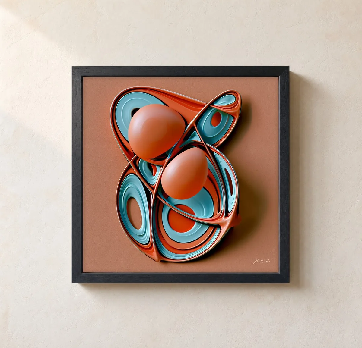 Nested Coral Orbs by Bassem, framed print on a wall