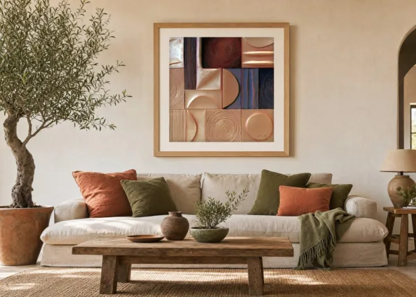 Tiles of Copper Rings by Bassem, art print shown framed on a wall
