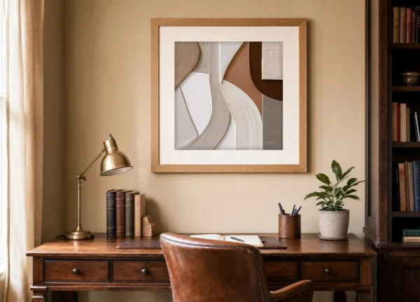 ba-0248-brushed-plaster-bends-print-3-room-study-oak-v4 Brushed Plaster Bends by Bassem, art print shown framed on a wall