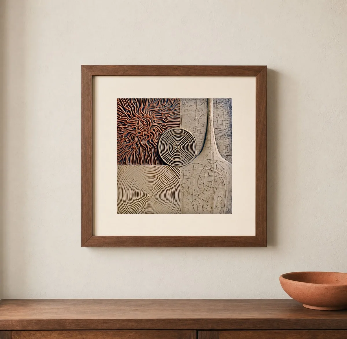 Sunburst and Clay Vessel by Bassem, art print shown framed on a wall