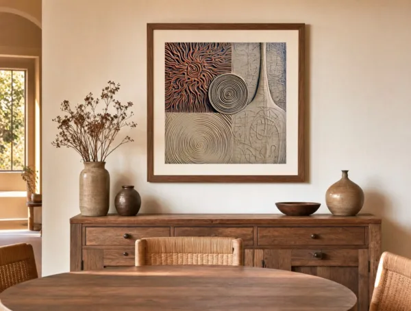Sunburst and Clay Vessel by Bassem, art print shown framed on a wall