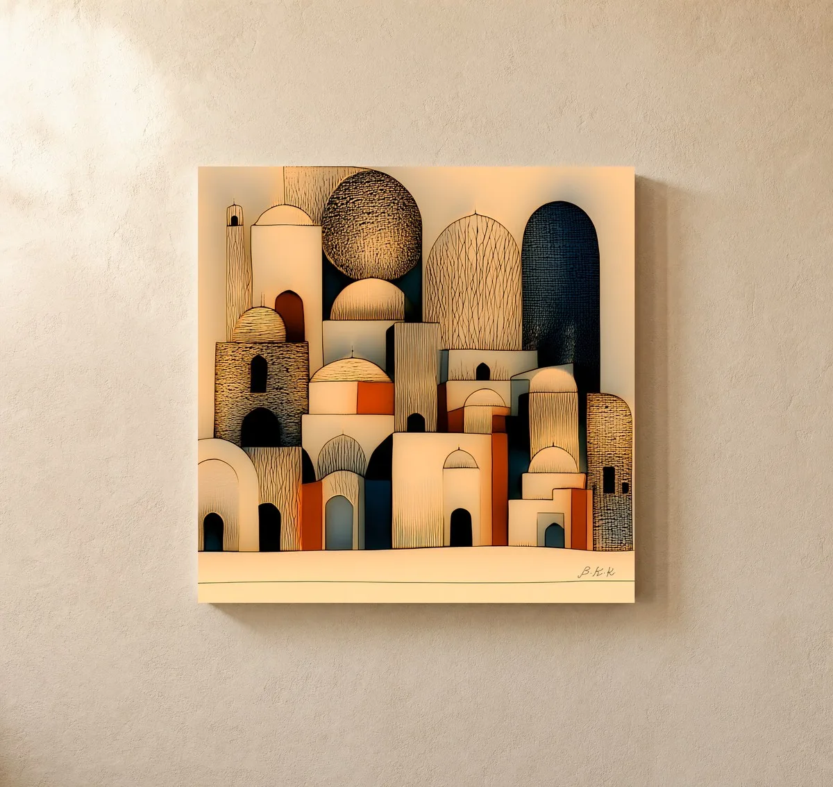 ba-0252-crosshatched-town-canvas-1-canvas-closeup-limewash-v4 Crosshatched Town by Bassem, canvas on a wall