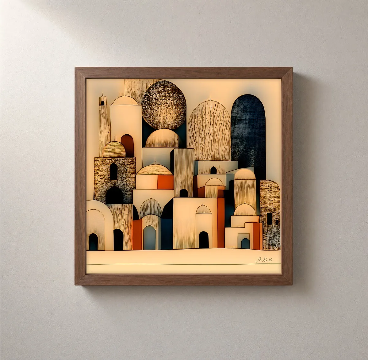 ba-0252-crosshatched-town-framed-2-thin-closeup-walnut-v4 Crosshatched Town by Bassem, framed print on a wall