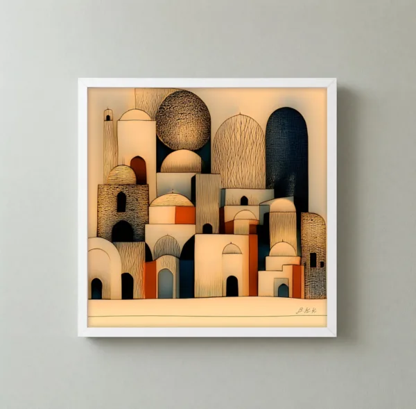 ba-0252-crosshatched-town-framed-3-thin-closeup-white-v4 Crosshatched Town by Bassem, framed print on a wall