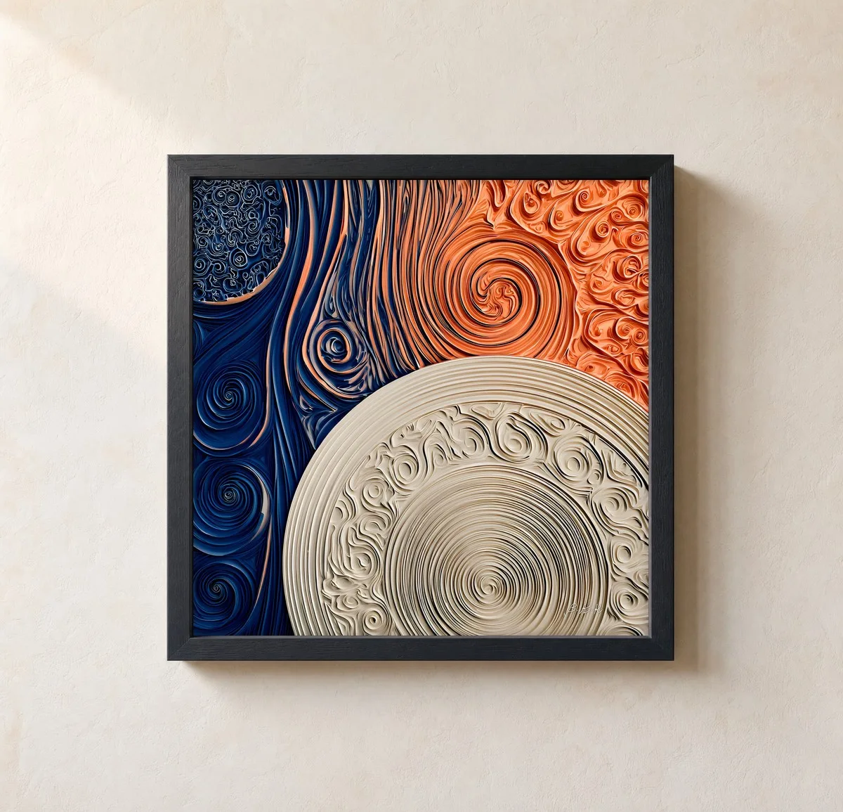 Disc Among Swirls by Bassem, framed print on a wall