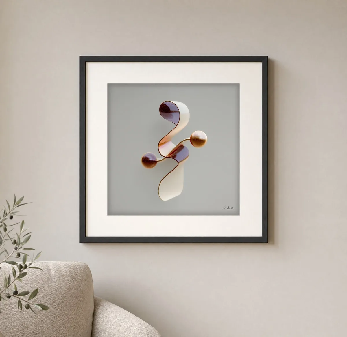 Copper Bead Ribbon by Bassem, art print shown framed on a wall