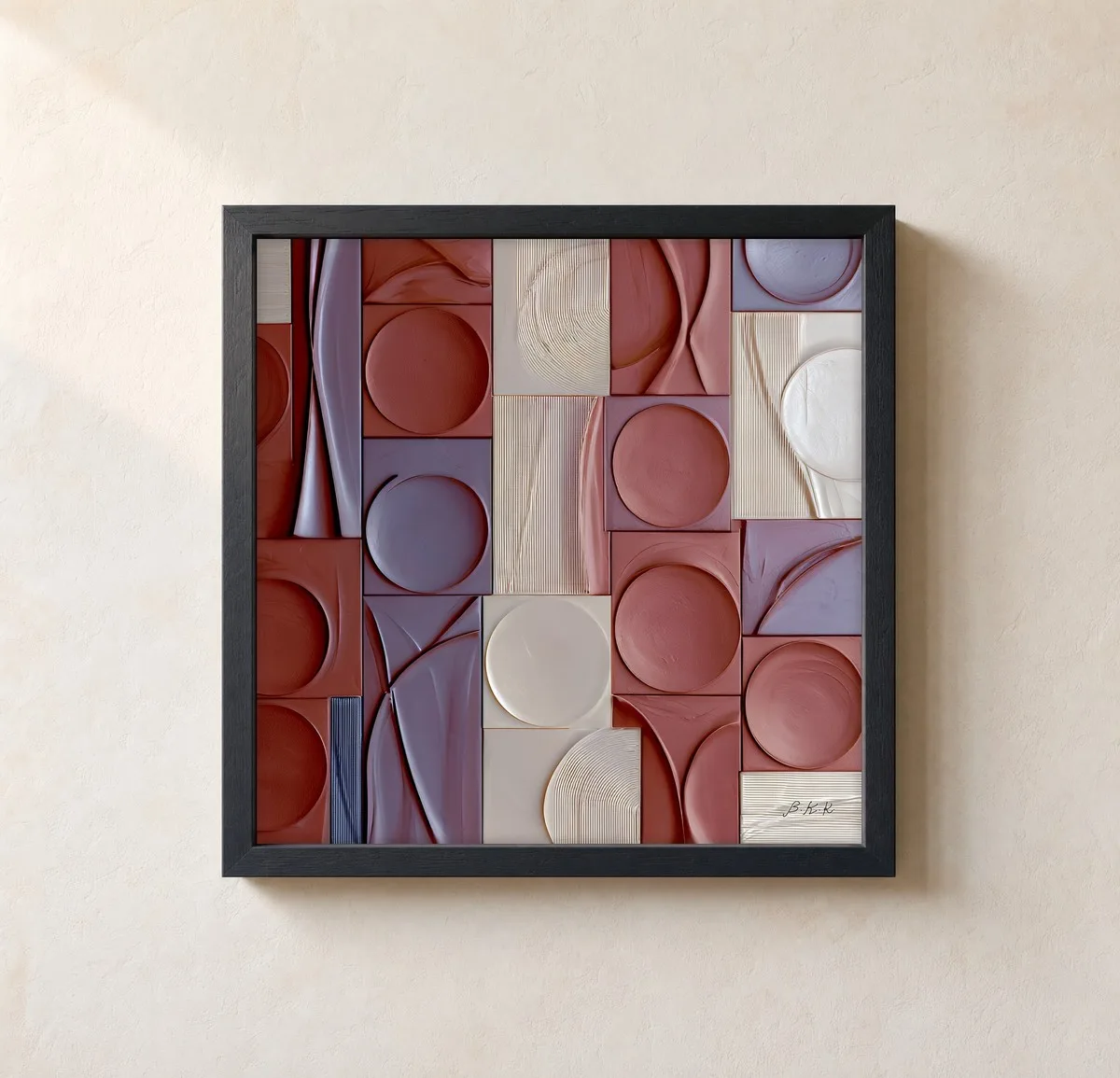 Rose Clay Discs by Bassem, framed print on a wall