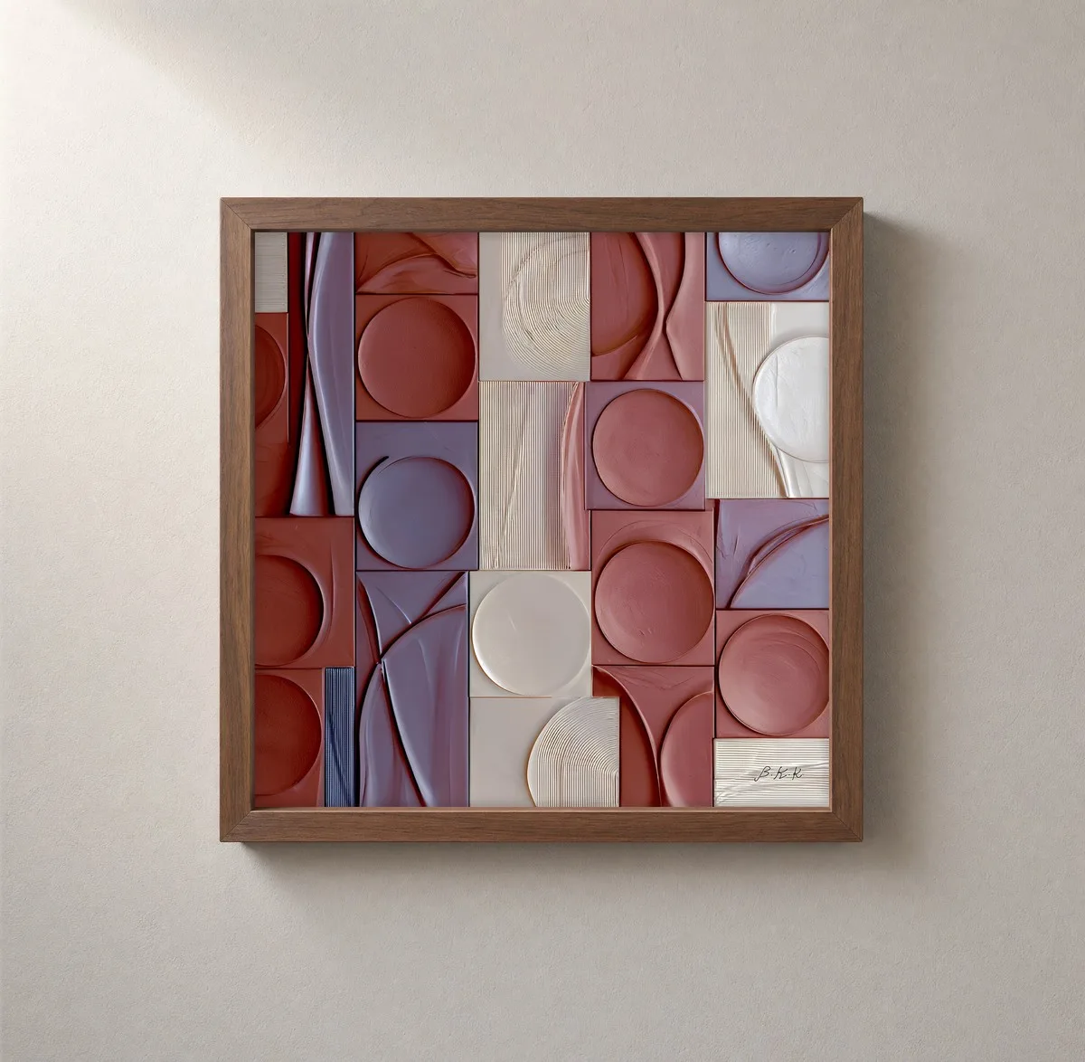 Rose Clay Discs by Bassem, framed print on a wall