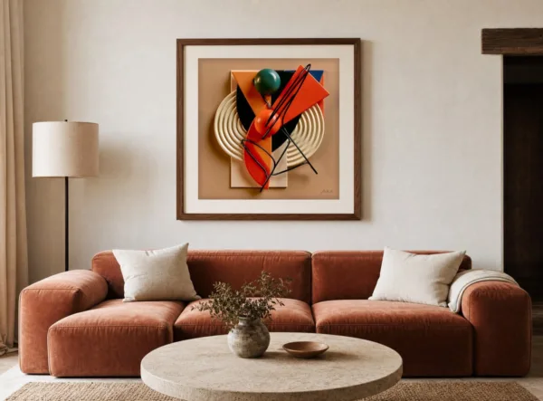 ba-0258-wire-sketch-on-rings-print-3-room-living-terracotta-walnut-v4 Wire Sketch on Rings by Bassem, art print shown framed on a wall