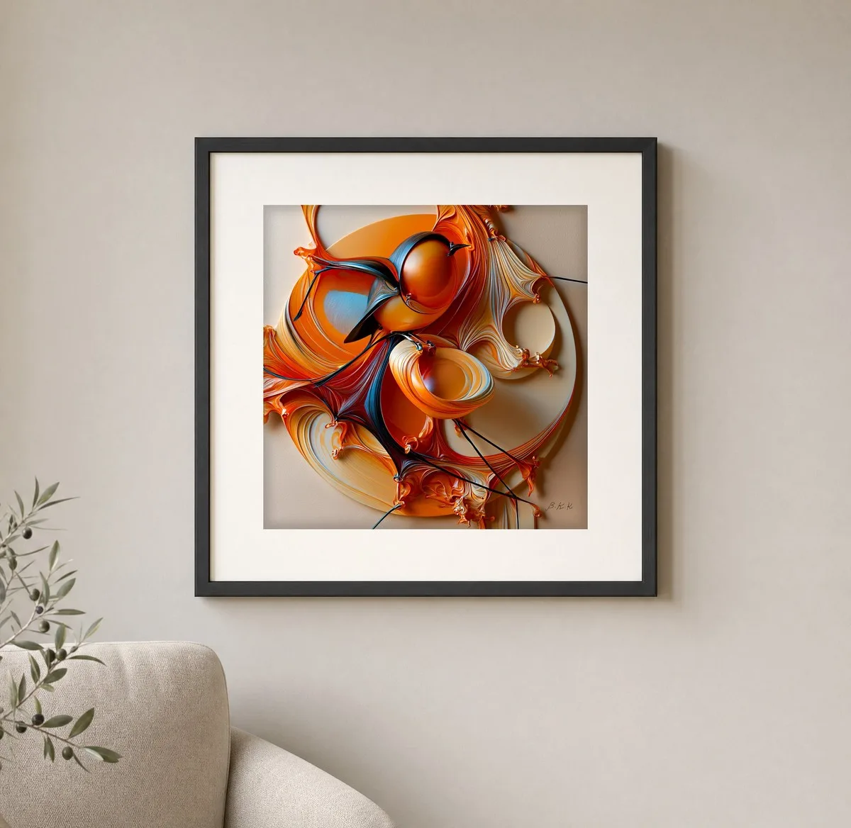 Amber Songbird by Bassem, art print shown framed on a wall