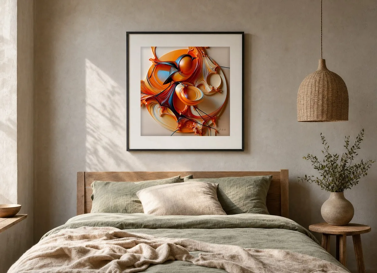 Amber Songbird by Bassem, art print shown framed on a wall