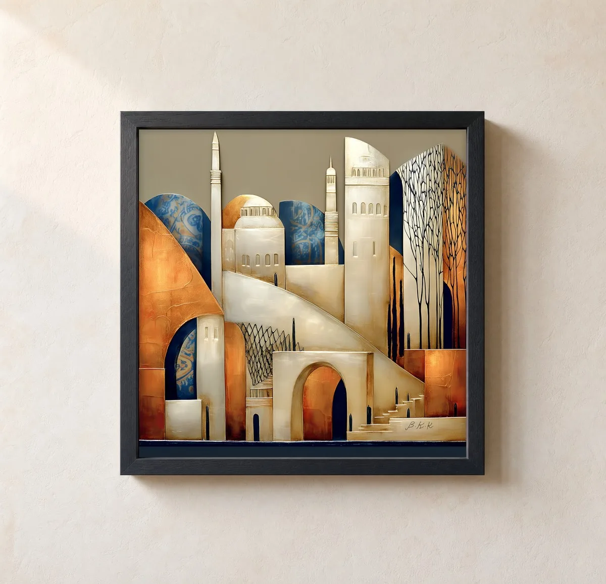 Stair Toward Pale Towers by Bassem, framed print on a wall