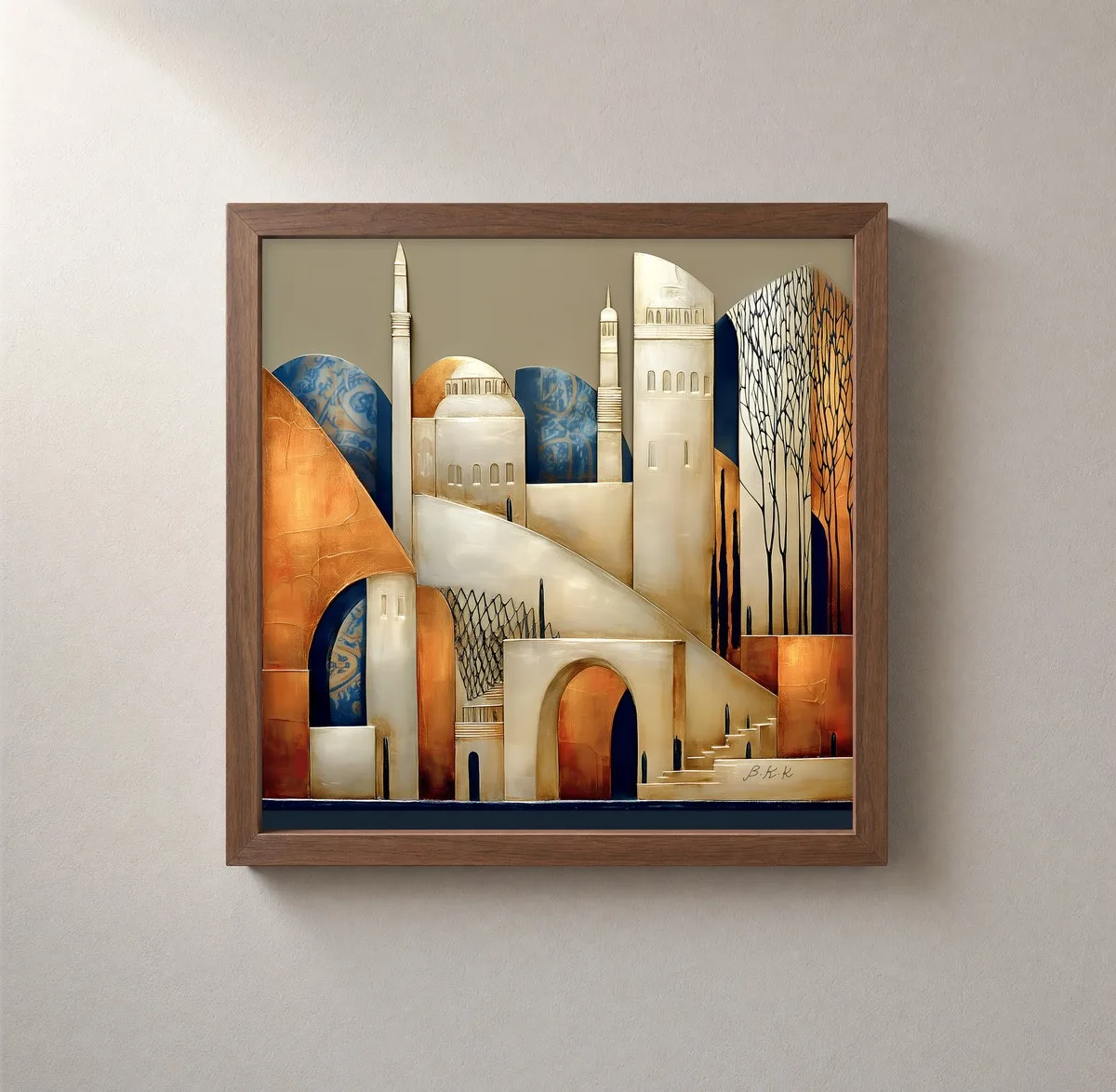 Stair Toward Pale Towers by Bassem, framed print on a wall