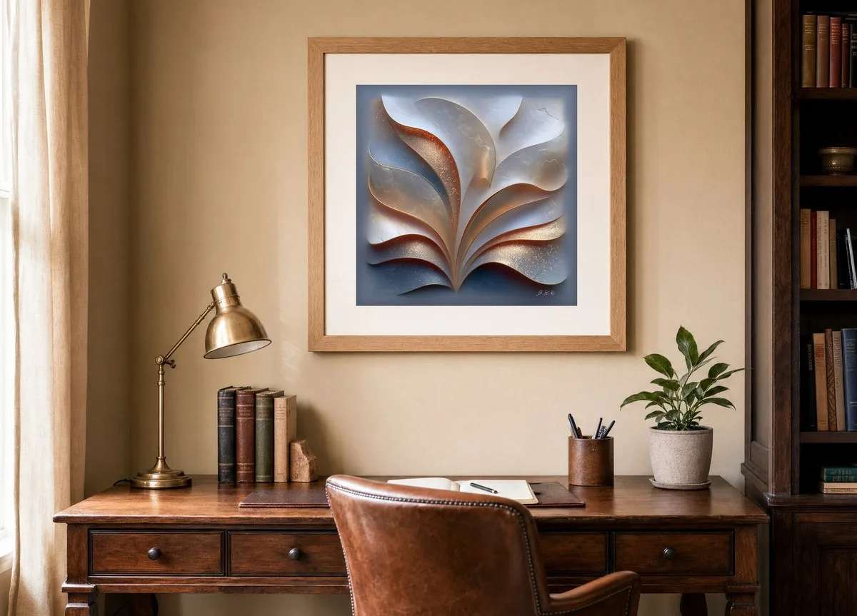 Glinting Fan of Leaves by Bassem, art print shown framed on a wall