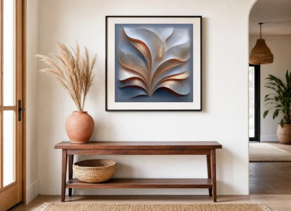 Glinting Fan of Leaves by Bassem, art print shown framed on a wall