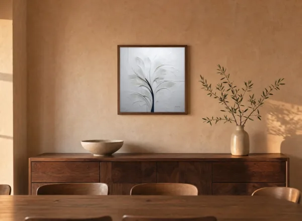 Feathered White Palm by Bassem, framed print on a wall