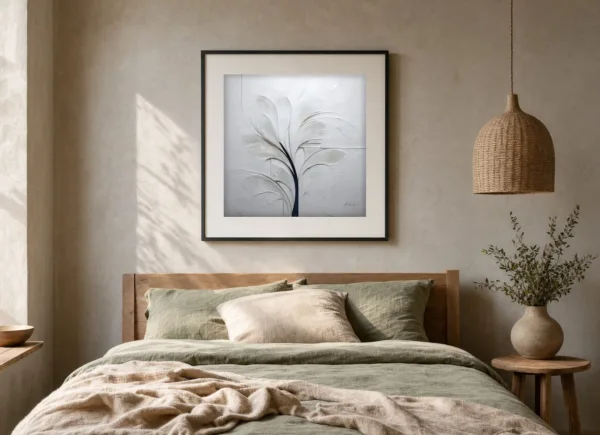 Feathered White Palm by Bassem, art print shown framed on a wall