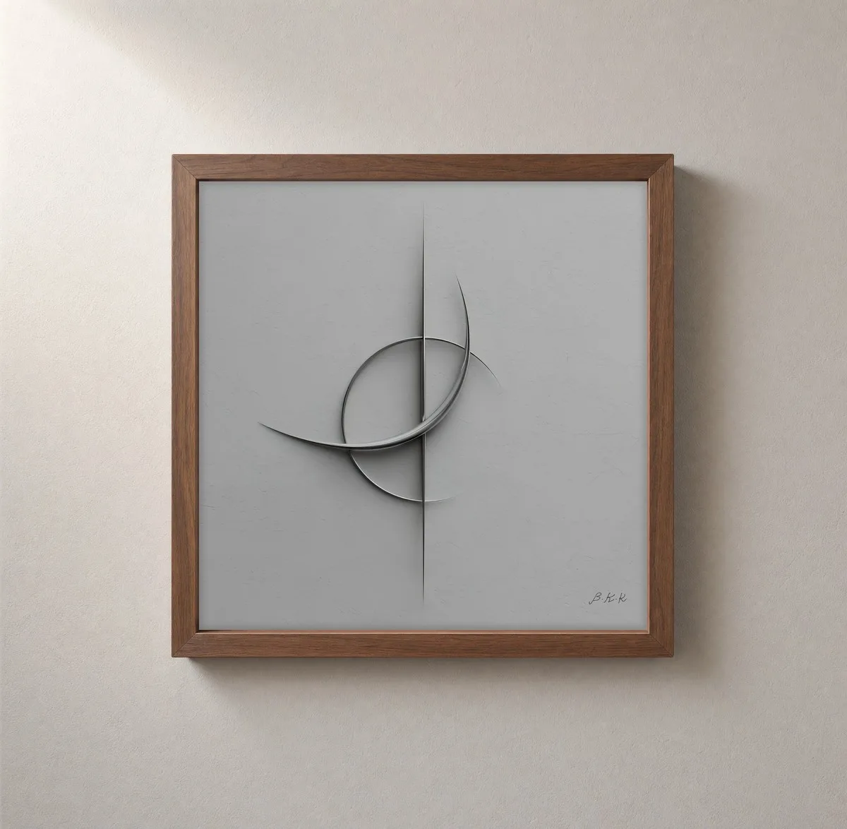 ba-0271-silver-crescent-line-framed-2-thin-closeup-walnut-v4 Silver Crescent Line by Bassem, framed print on a wall