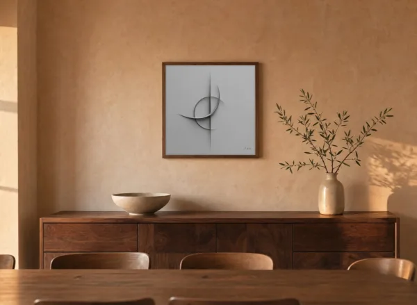 ba-0271-silver-crescent-line-framed-4-thin-room-dining-walnut-v4 Silver Crescent Line by Bassem, framed print on a wall