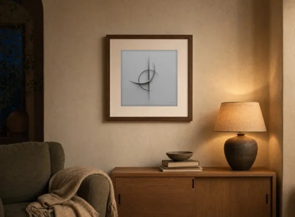 ba-0271-silver-crescent-line-print-3-room-evening-walnut-v4 Silver Crescent Line by Bassem, art print shown framed on a wall
