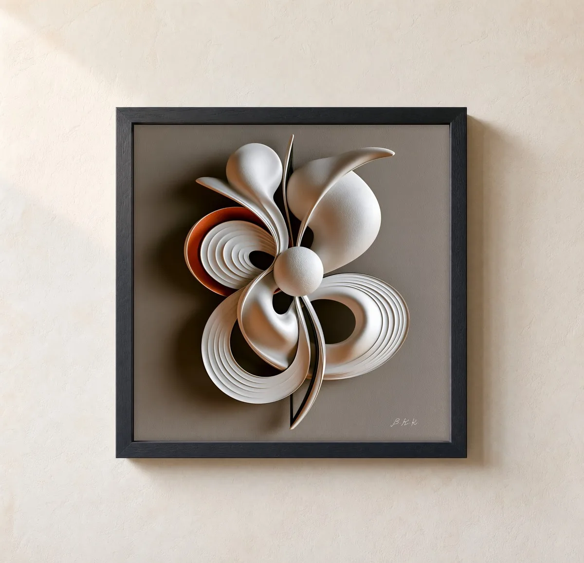 Ivory Whirl Blossom by Bassem, framed print on a wall