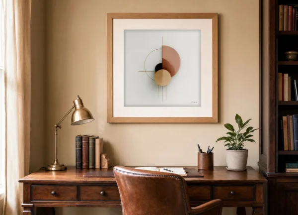 ba-0275-clay-half-moon-print-3-room-study-oak-v4 Clay Half Moon by Bassem, art print shown framed on a wall