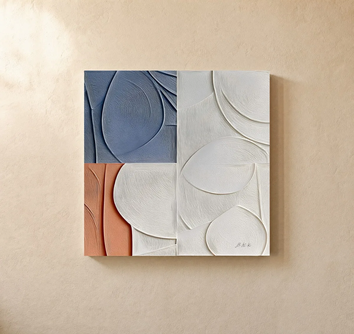 Blue Leaf Quadrants by Bassem, canvas on a wall