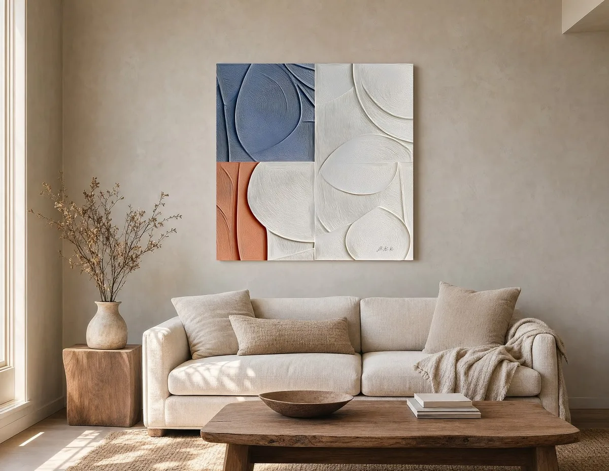 Blue Leaf Quadrants by Bassem, canvas on a wall