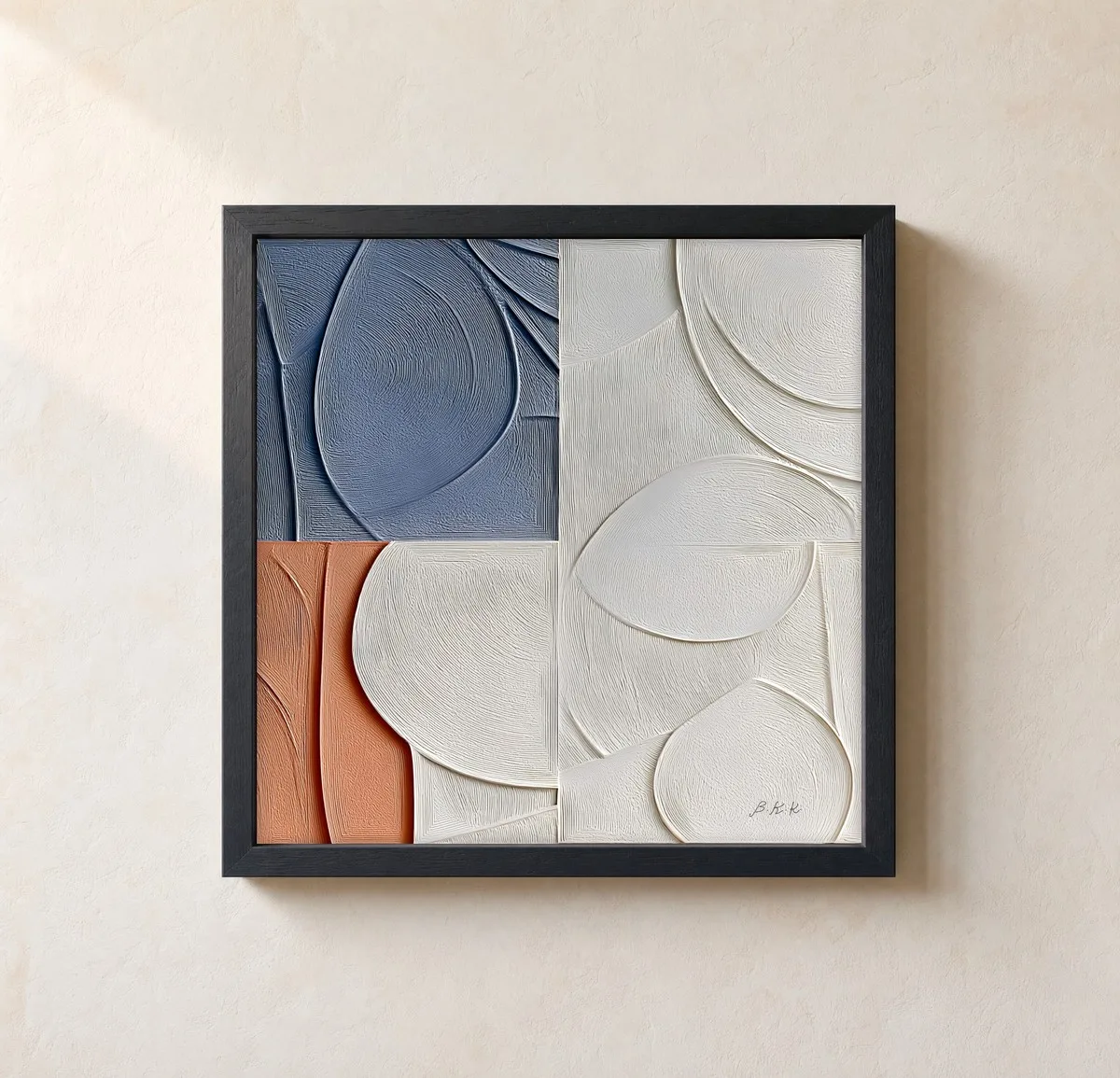 Blue Leaf Quadrants by Bassem, framed print on a wall