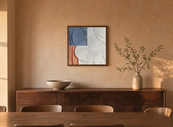 Blue Leaf Quadrants by Bassem, framed print on a wall