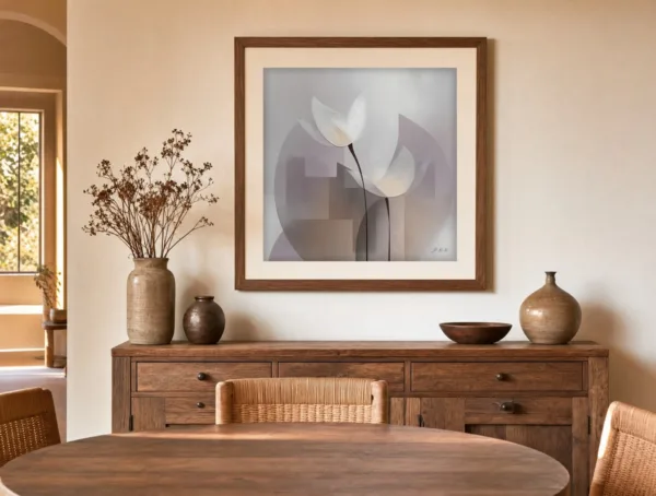 Tulips Before Mauve Moon by Bassem, art print shown framed on a wall