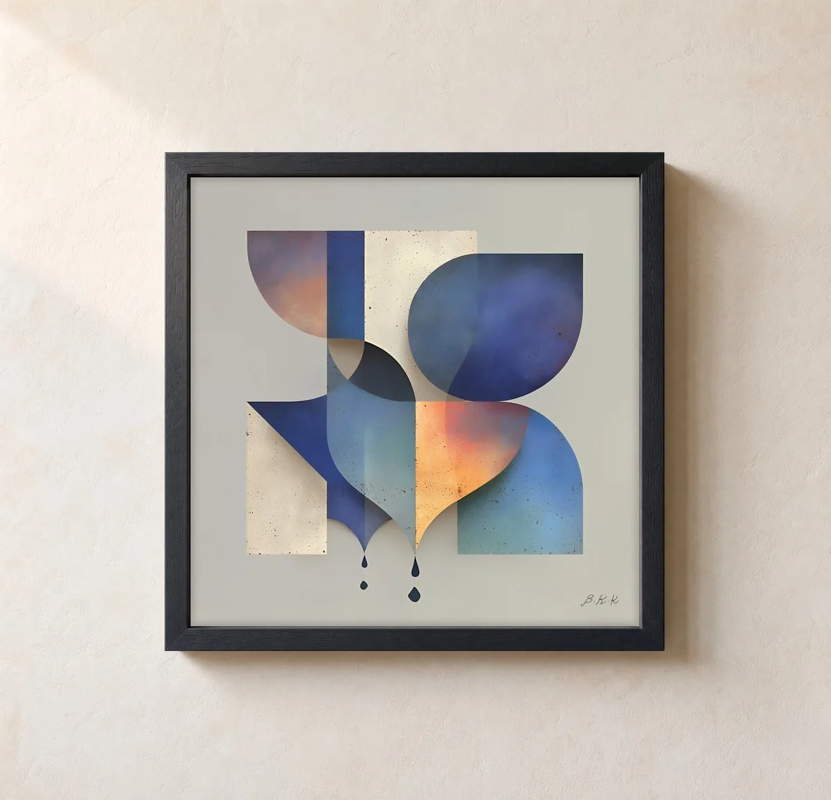 Indigo Drops Falling by Bassem, framed print on a wall