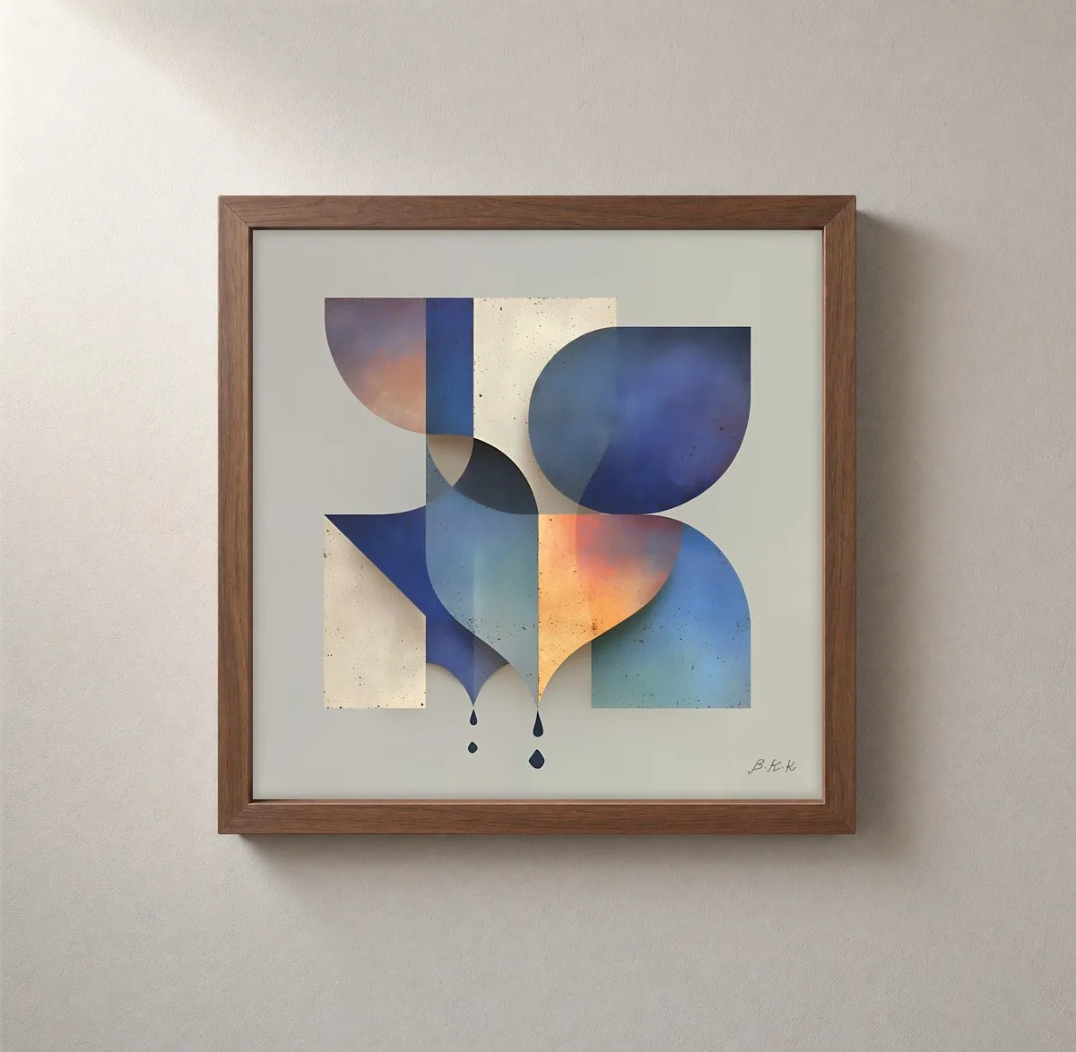 Indigo Drops Falling by Bassem, framed print on a wall