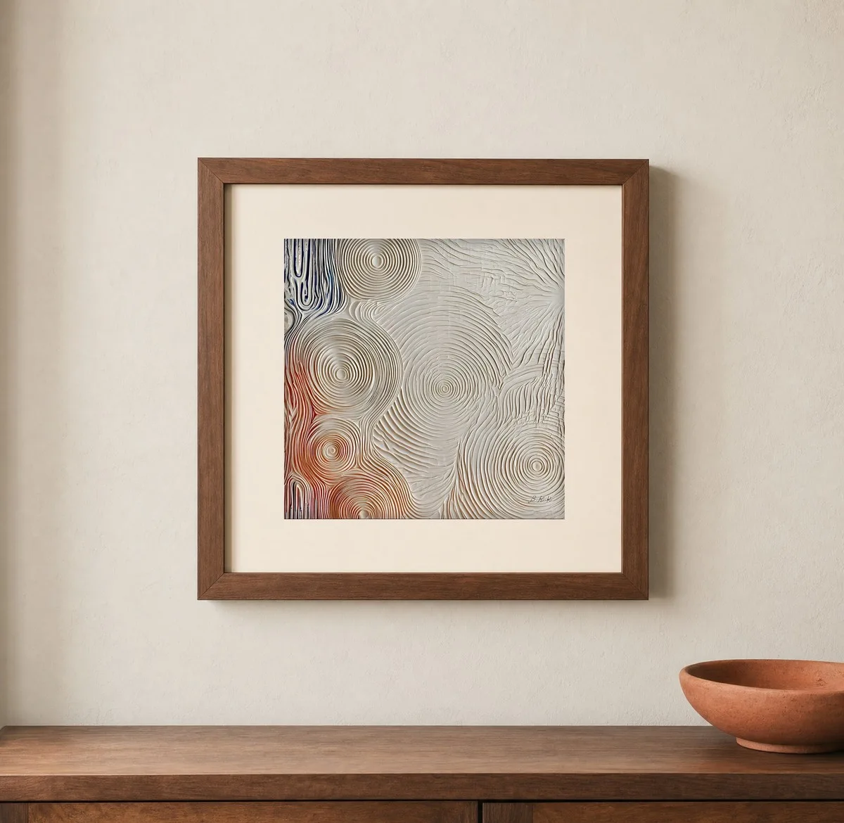 Cream Ripple Rings by Bassem, art print shown framed on a wall