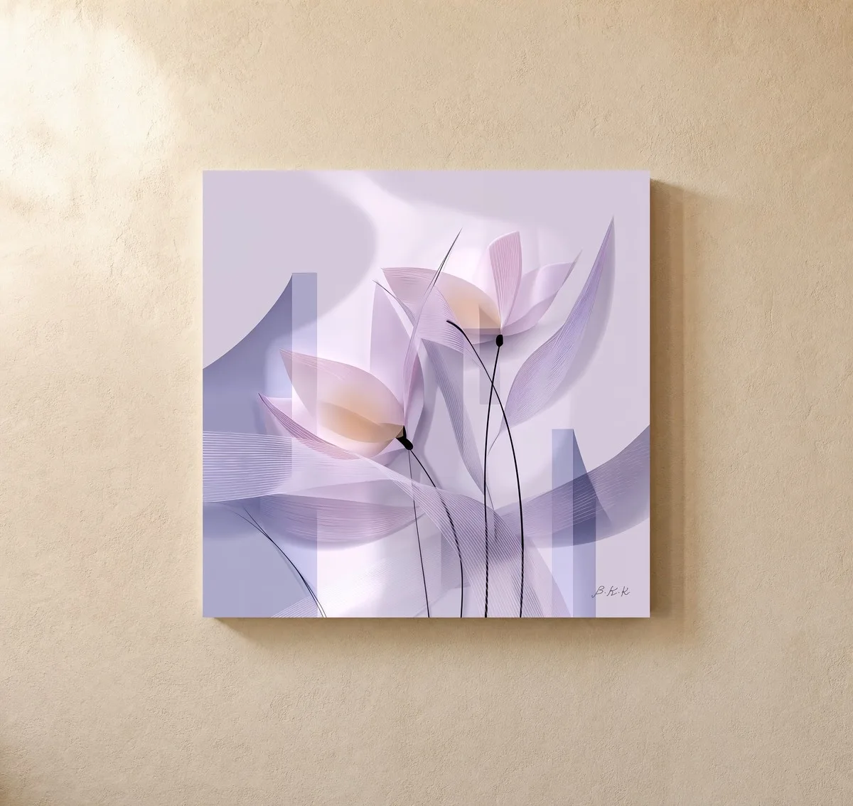 ba-0287-sheer-lilac-tulips-canvas-1-canvas-closeup-limewash-v4 Sheer Lilac Tulips by Bassem, canvas on a wall