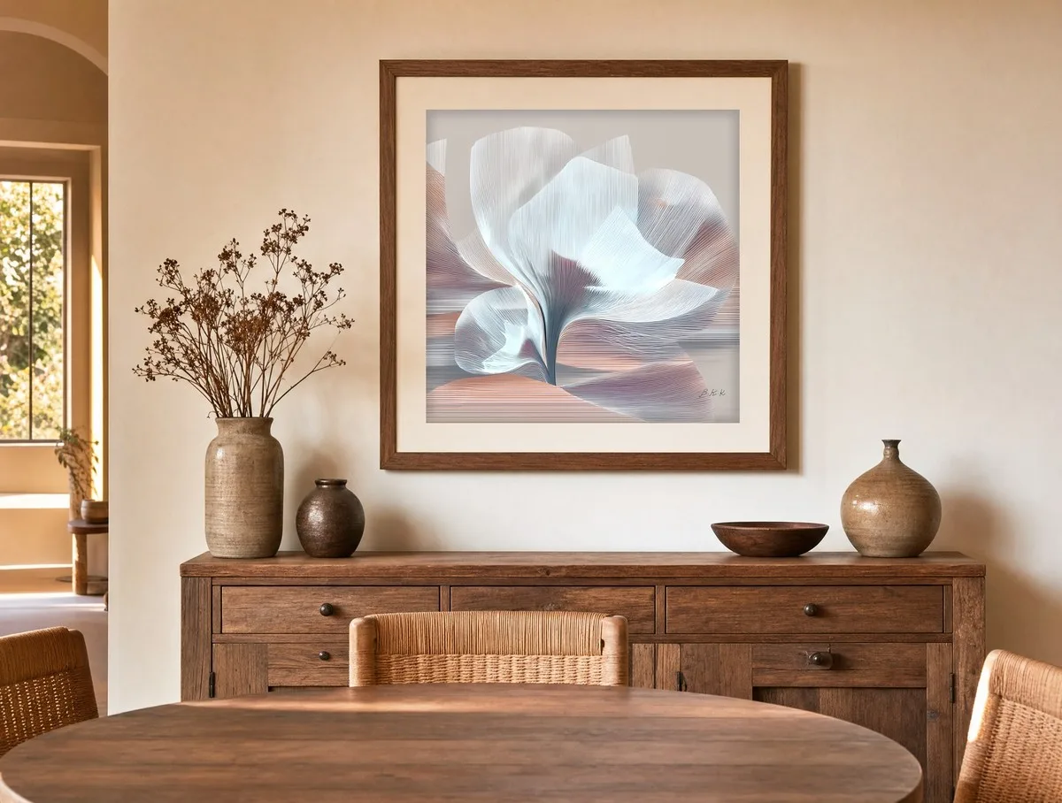Frosted Fan Bloom by Bassem, art print shown framed on a wall
