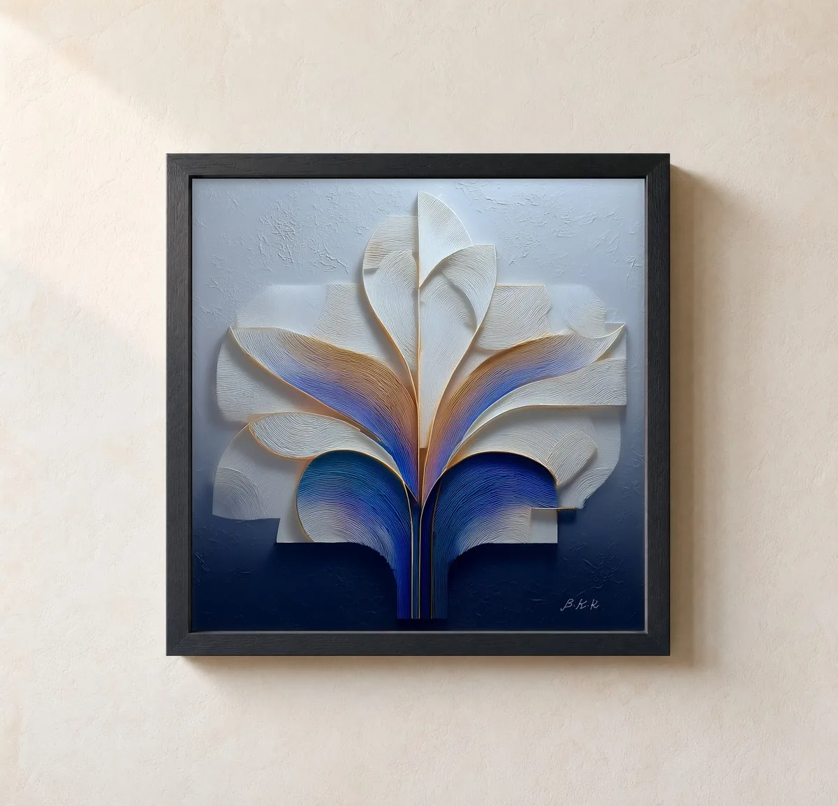 Carved Iris Plume by Bassem, framed print on a wall