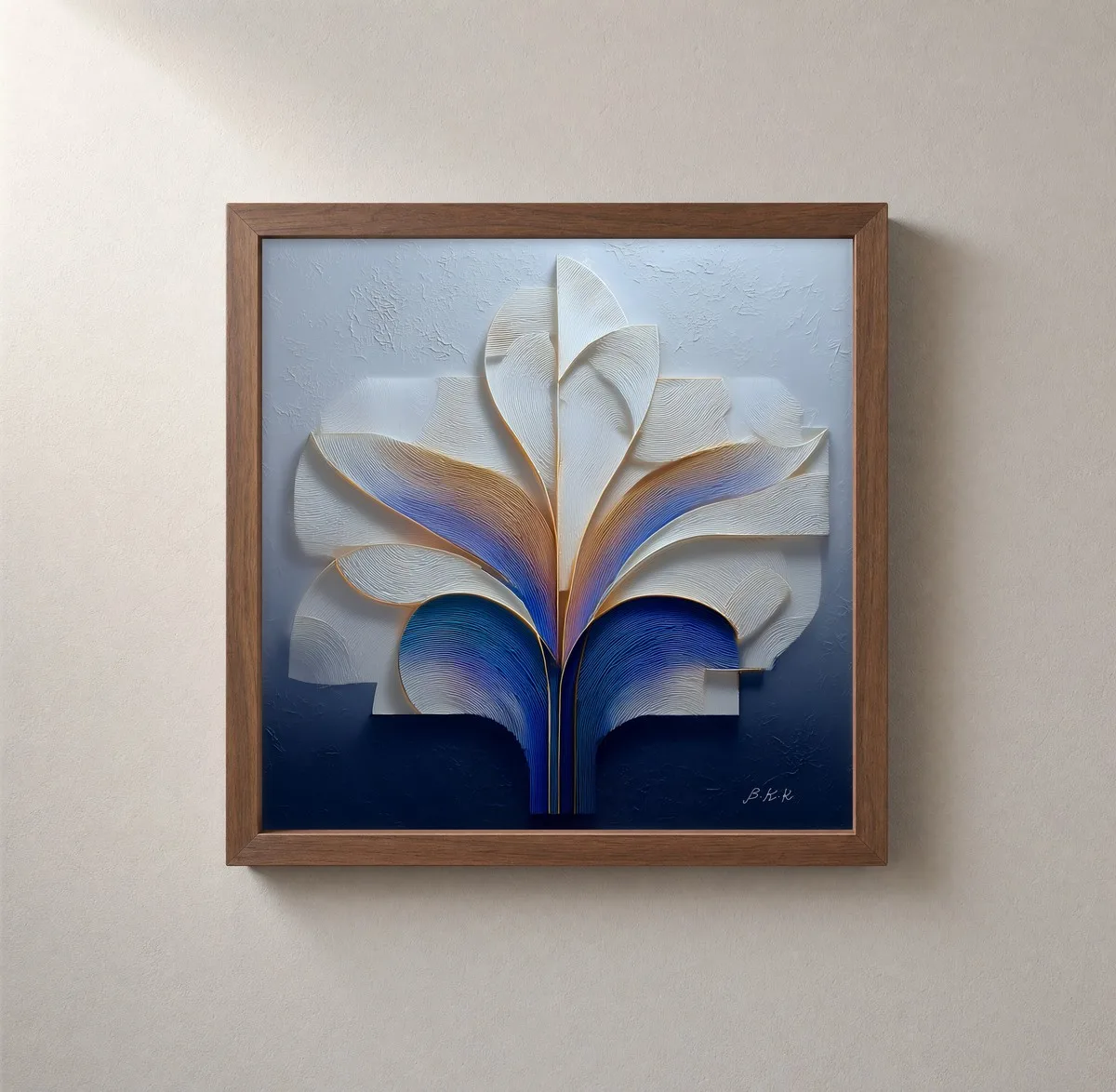 Carved Iris Plume by Bassem, framed print on a wall