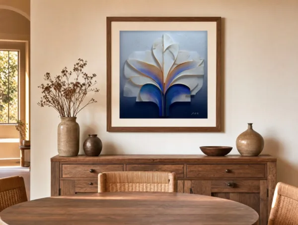 Carved Iris Plume by Bassem, art print shown framed on a wall