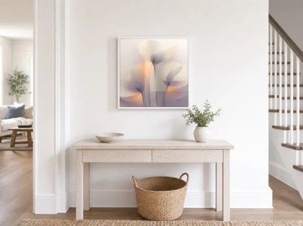 Bowed Cream Blossoms by Bassem, framed print on a wall