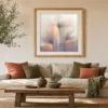 Bowed Cream Blossoms by Bassem, art print shown framed on a wall