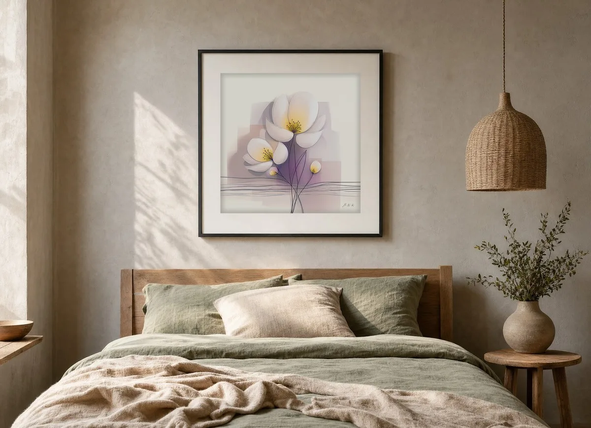 Yellow-Hearted Blossoms by Bassem, art print shown framed on a wall