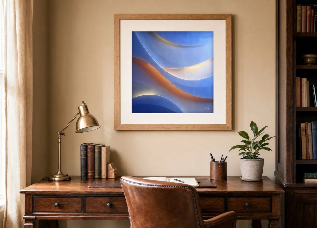 Periwinkle Tide by Bassem, art print shown framed on a wall