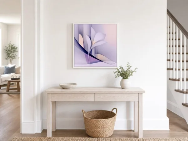 Lone Lily in Lilac by Bassem, framed print on a wall