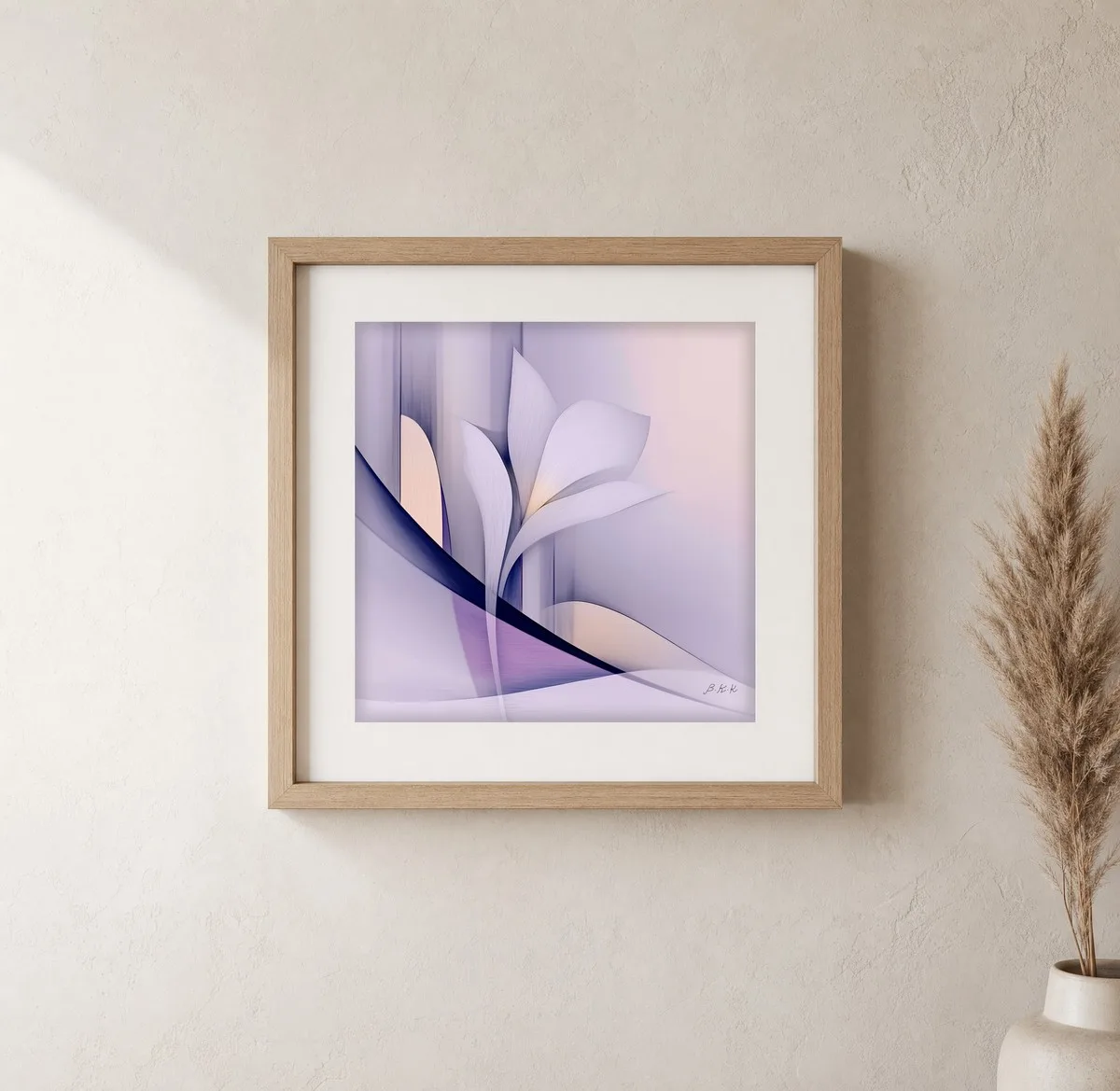 Lone Lily in Lilac by Bassem, art print shown framed on a wall