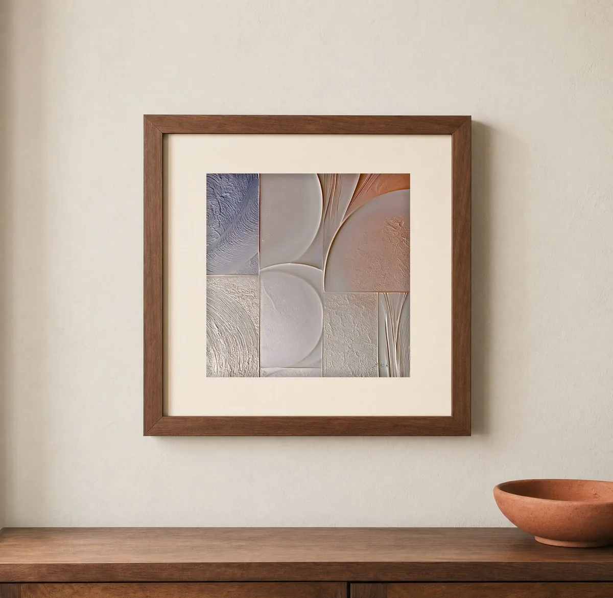 ba-0298-panels-of-warm-chalk-print-1-closeup-walnut-v4 Panels of Warm Chalk by Bassem, art print shown framed on a wall