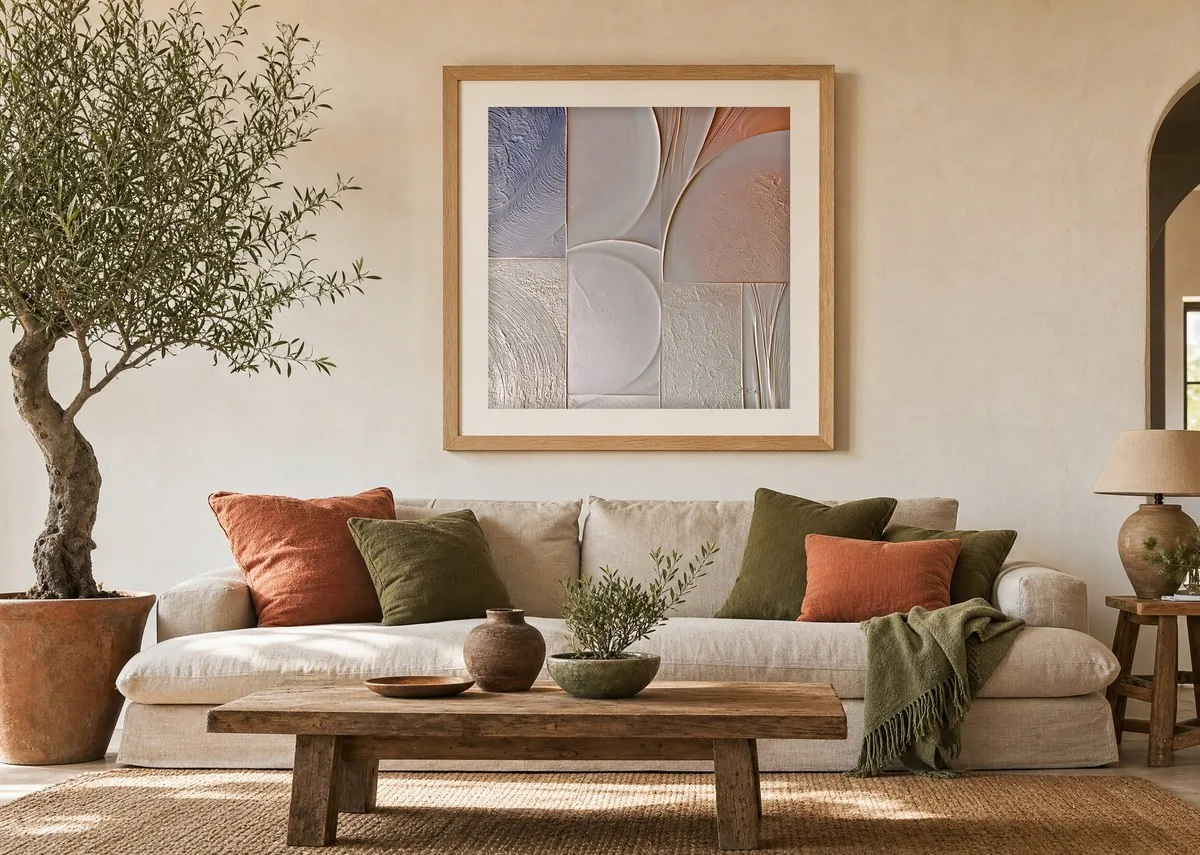ba-0298-panels-of-warm-chalk-print-2-room-living-oak-v4 Panels of Warm Chalk by Bassem, art print shown framed on a wall