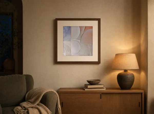 ba-0298-panels-of-warm-chalk-print-3-room-evening-walnut-v4 Panels of Warm Chalk by Bassem, art print shown framed on a wall