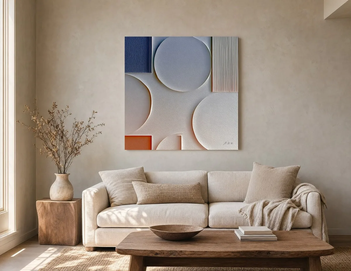Pale Discs and Pinstripes by Bassem, canvas on a wall